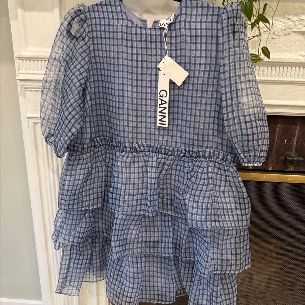 GANNI Blue Checkered Dress